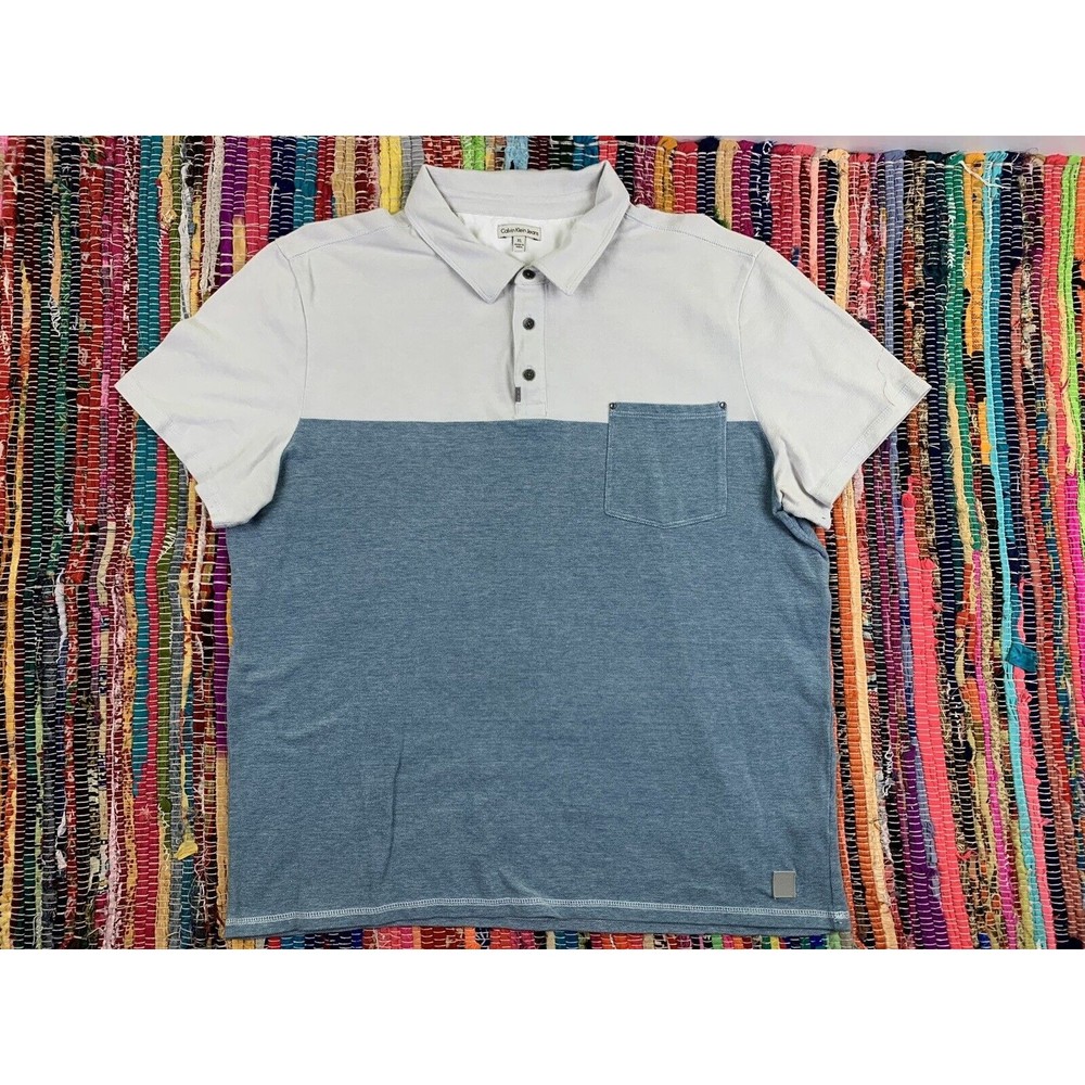Calvin Klein Men XL Polo Shirt White Gray Blue Short Sleeve Collared 3 Buttons
